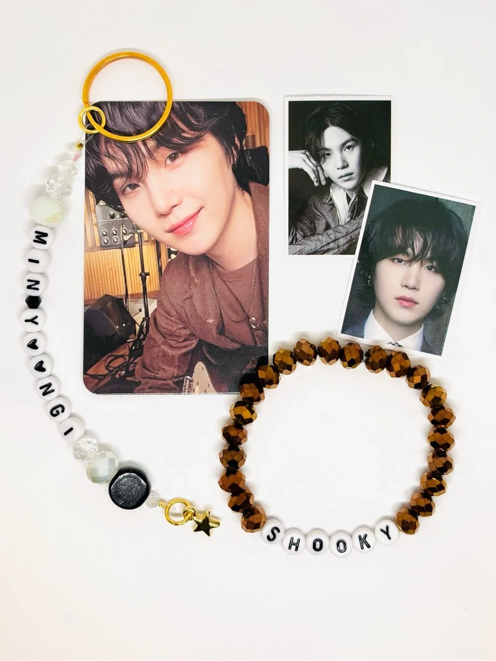 (5pcs) BTS SUGA YOONGI BRACELET KEYCHAIN STICKER PHOTOCARD BUNDLE